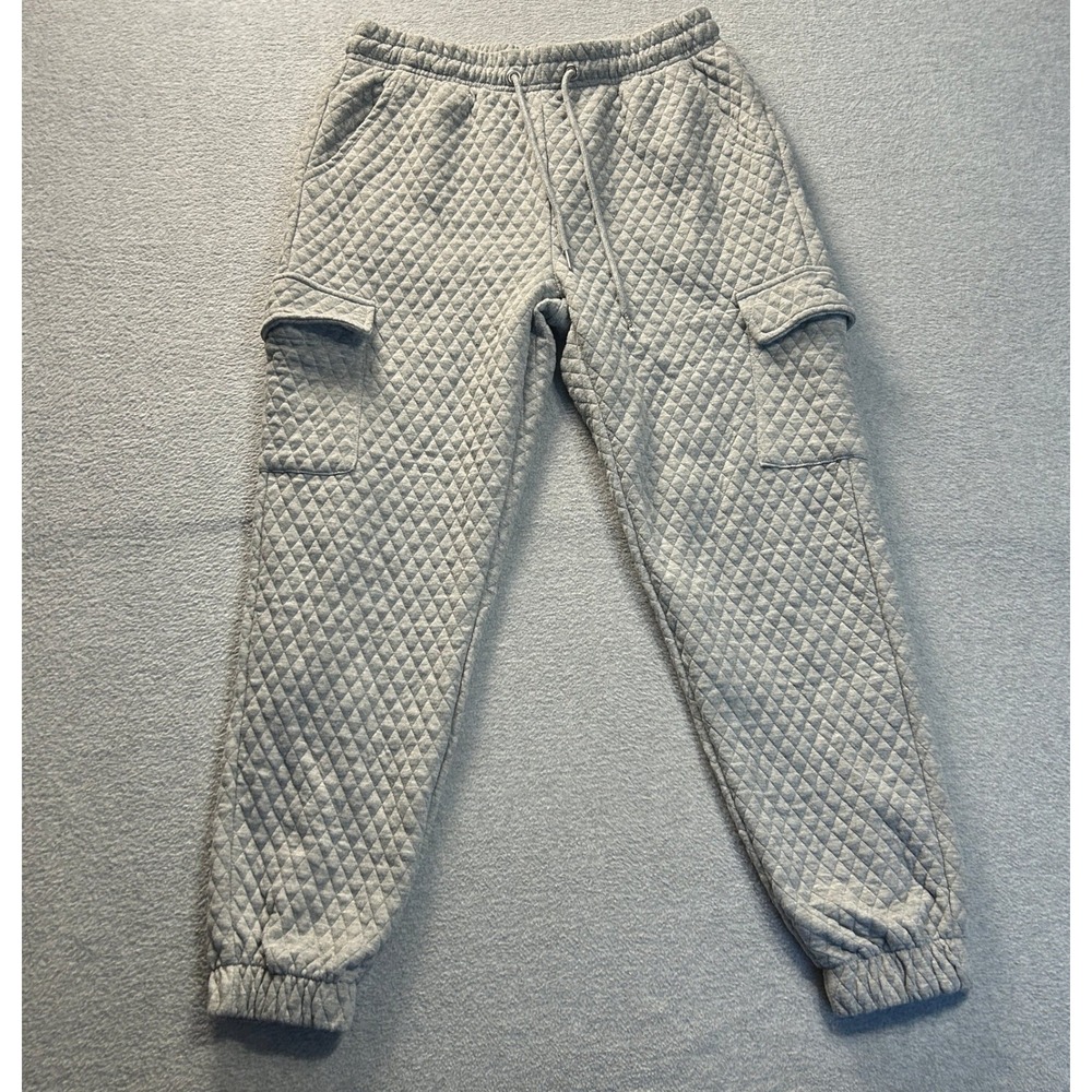 New Look Quilted Cargo Jogger Sweatpants Womens L Gray Drawstring Lounge Casual